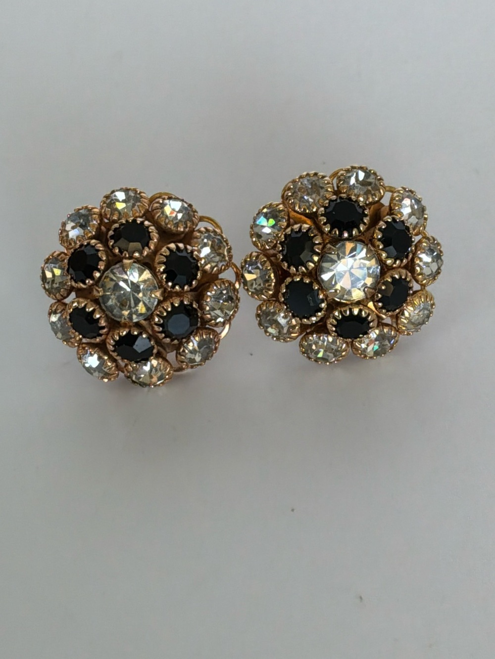 Vintage Black & Clear Rhinestone Cluster Stud Earrings Gold Tone Statement